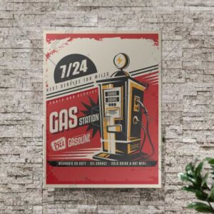طرح تابلوی وینتیج و خاص پمپ بنزین با رنگ‌های جذاب و تند