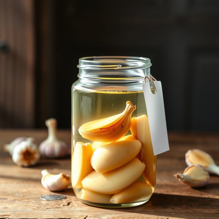 یک شیشه ترشی سیر با لیبل سفید ساده روی میز چوبی