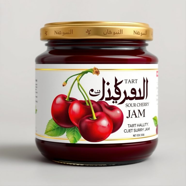 طراحی لیبل برای مربای آلبالو ترش با تصویر آلبالوهای قرمز و متن فارسی