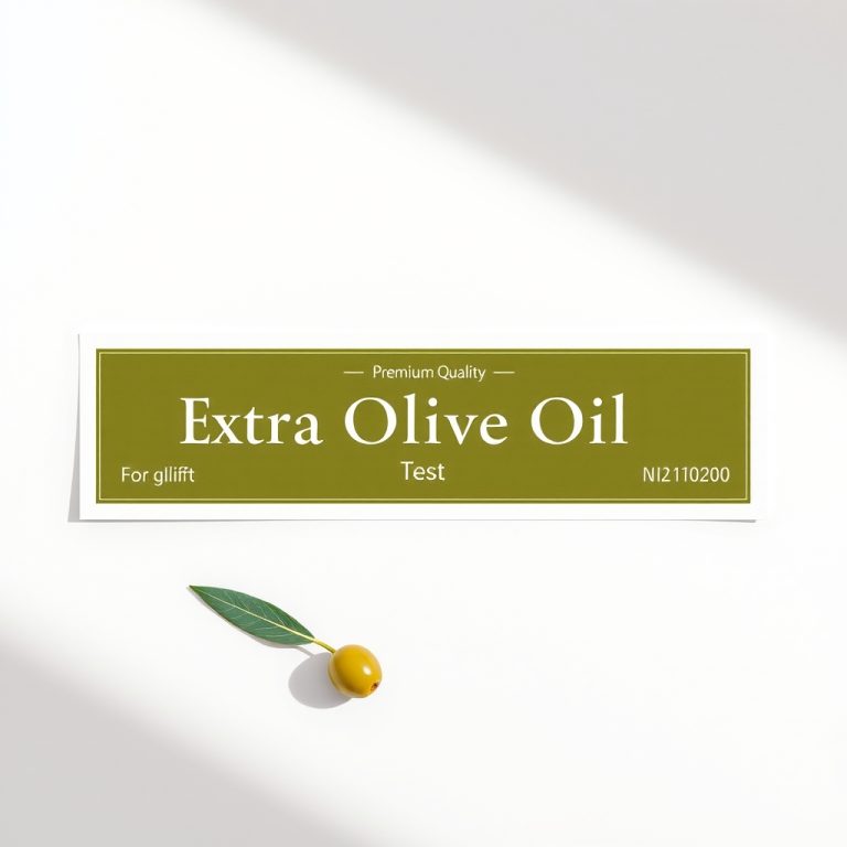 طرح لیبل مینیمال و باکیفیت برای روغن زیتون فرابکر همراه با چند زیتون سبز تازه و برگ زیتون