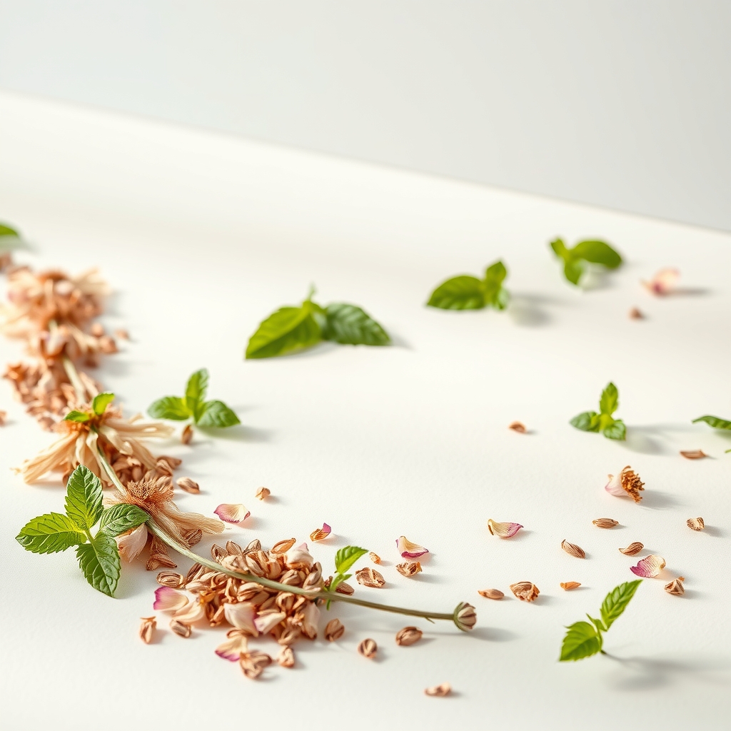 چیدمان هنری از نعنا خشک و گل‌گاوزبان خشک روی سطحی ساده با نورپردازی طبیعی