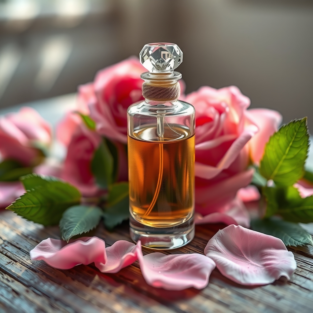 شیشه عطر دست ساز گل محمدی با گلبرگ های تازه رز روی میز چوبی