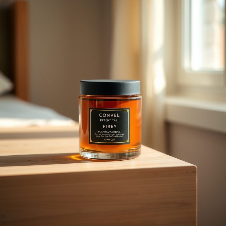نمونه چاپ لیبل شمع معطر لوکس روی شیشه کهربایی در فضای اتاق خواب