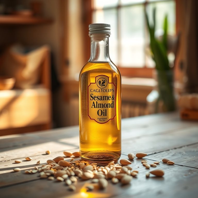 بطری شیشه ای روغن کنجد و بادام طبیعی روی میز چوبی همراه با دانه های کنجد و بادام