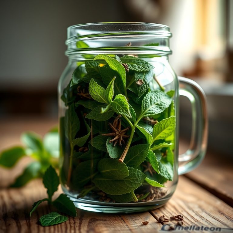 برچسب دمنوش سبز و نعنا روی ظرف شیشه‌ای حاوی گیاهان دارویی