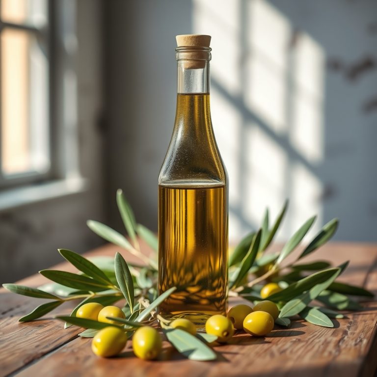 بطری شیشه‌ای روغن زیتون فرابکر خانگی با زیتون‌های تازه روی میز چوبی