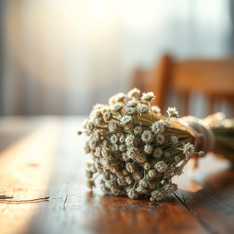 دسته ای از گل های خشک طبیعی بسته بندی شده با نخ کنفی روی میز چوبی