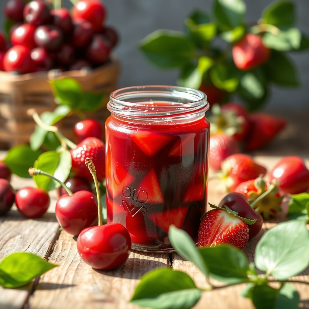 شیشه مربای خانگی آلبالو و توت فرنگی تازه روی میز چوبی