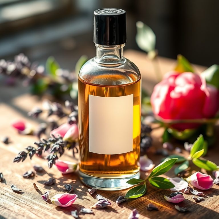 تصویر نزدیک از بطری عطر گیاهی دستساز روی میز چوبی با گلهای طبیعی