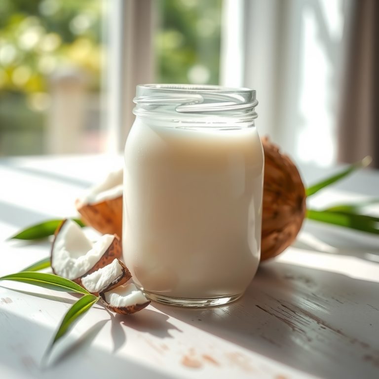 شیشه روغن نارگیل خالص روی میز چوبی با نور طبیعی