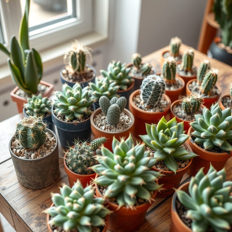 مجموعه ای از گلدان های کوچک کاکتوس و ساکولنت روی میز چوبی