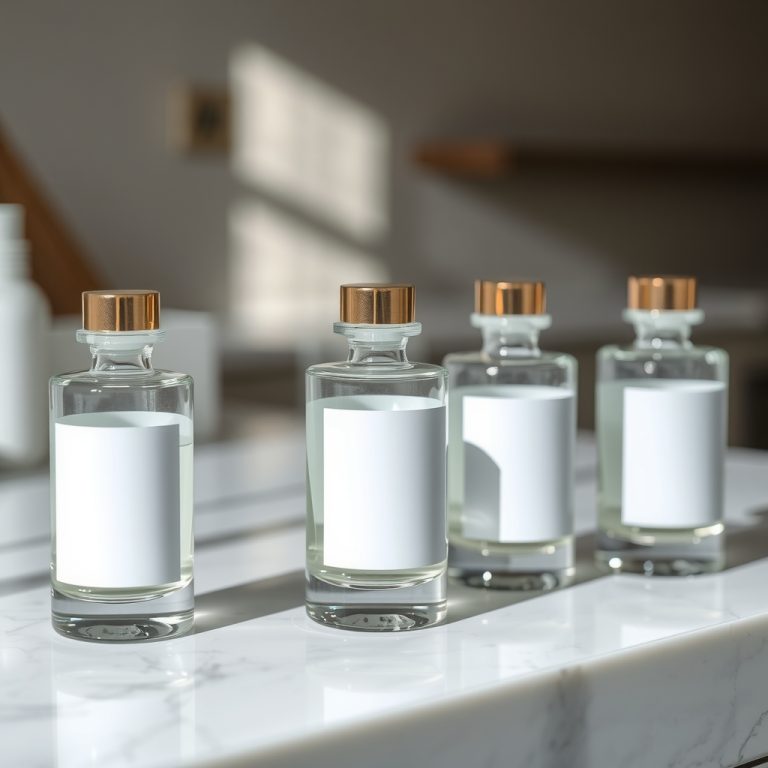 نمای نزدیک از بطری‌های عطر شیشه‌ای با لیبل مینیمال روی سطح مرمرین