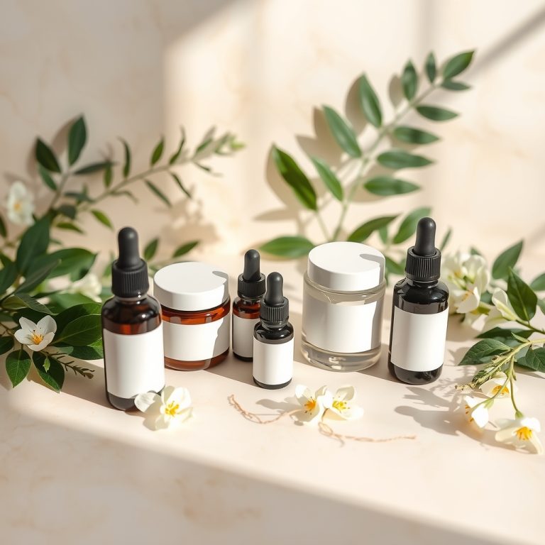 نمونه لیبل محصولات آرایشی طبیعی و ارگانیک روی ظروف شیشه‌ای