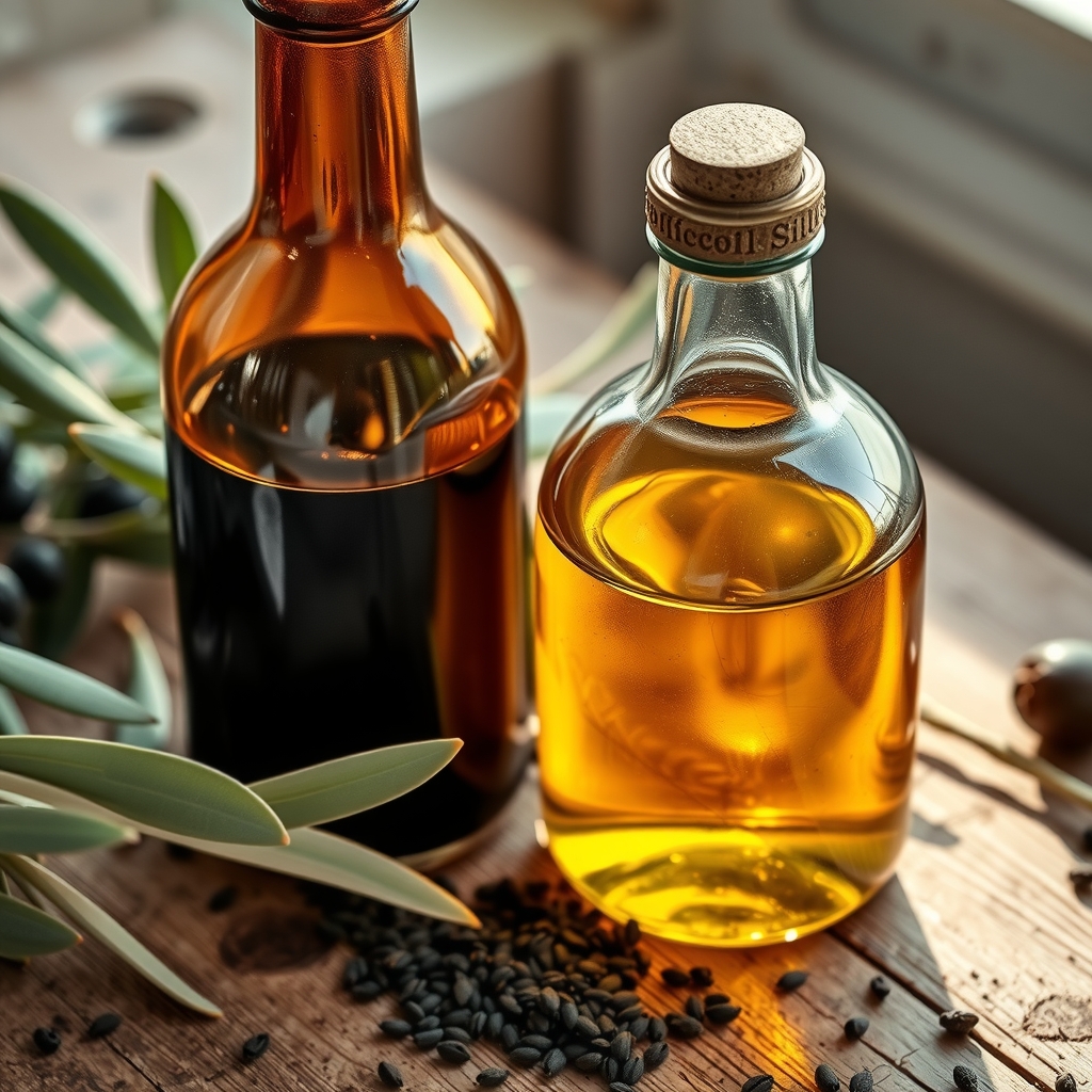 بطری‌های شیشه‌ای روغن سیاه دانه و زیتون روی میز چوبی